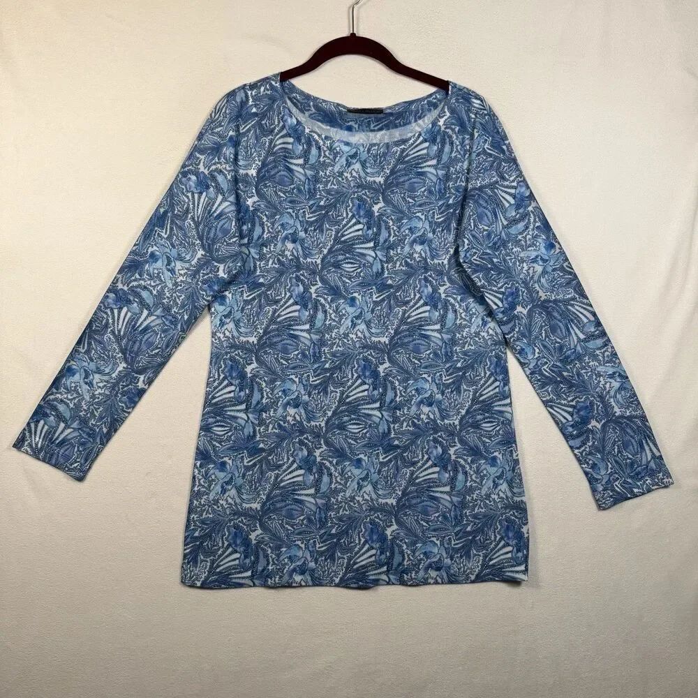 Nally & Millie Blue White Abstract Print Top USA Stretch Knit 3/4 Sleeve Medium